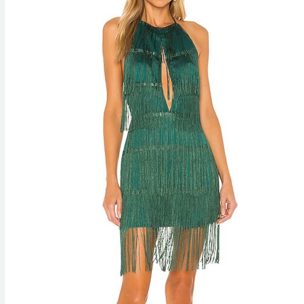 House of Harlow 1960 Emerald Green Fringe Halter Dress